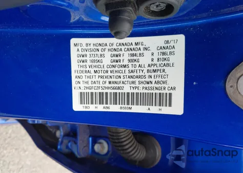 2017 Honda Civic Lx из США, поврежденный, VIN 2HGFC2F52HH566802